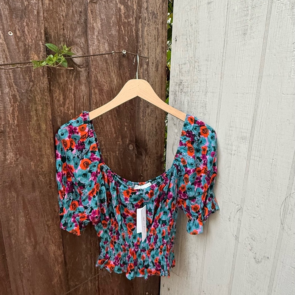 Nordstrom Teal Floral Smocked Puff-Sleeve Top